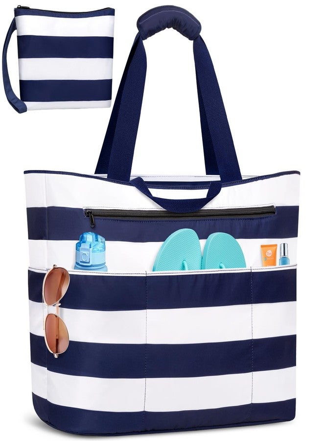 BKNOOU Extra Large Beach Bags Waterproof Sandproof XL Beach Tote Bag for Women Zipper Foldable Swim Pool Bag with Wet Pocket (Blue White) - Image 1